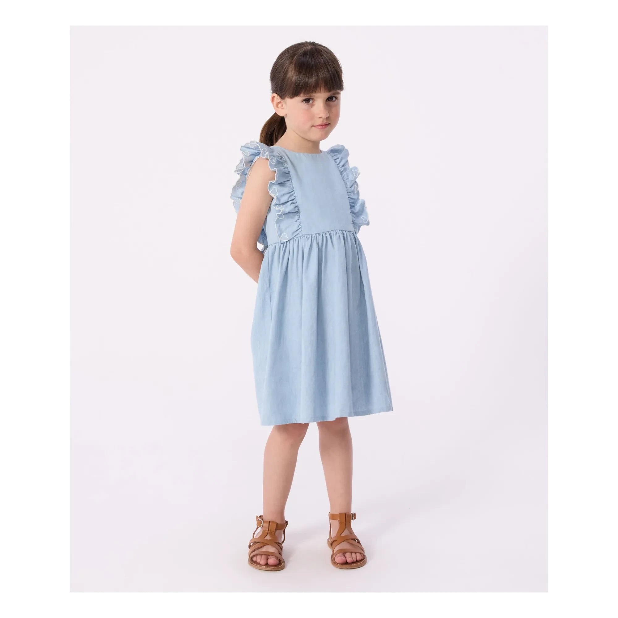 Petit Bateau - Blaues Chambray Rüschenkleid
