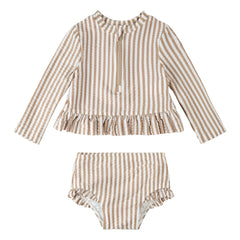 Petit Lem - Gestreiftes Seersucker UV-Schutz T-Shirt und Slip Set aus recycelten Fasern | Beige