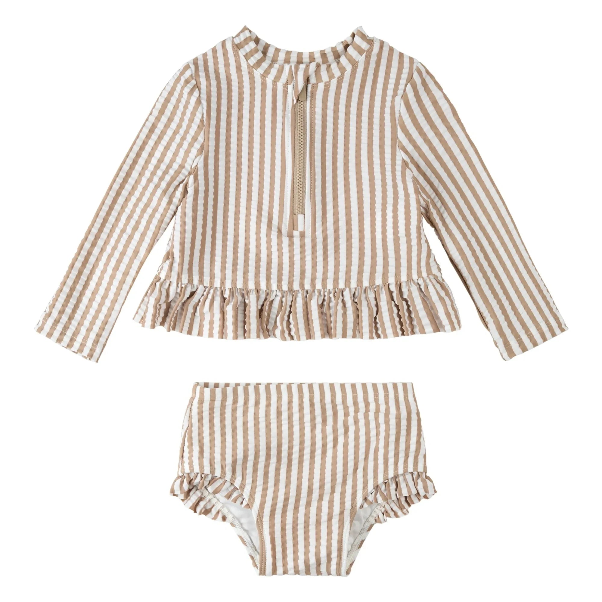 Petit Lem - Gestreiftes Seersucker UV-Schutz T-Shirt und Slip Set aus recycelten Fasern | Beige