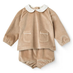 Copenhagen Colors - Organische Baumwollstrukturierte Samt-Bluse und Overall-Set | Beige