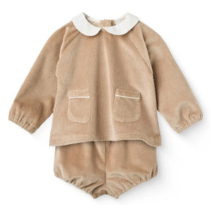 Copenhagen Colors - Organische Baumwollstrukturierte Samt-Bluse und Overall-Set | Beige