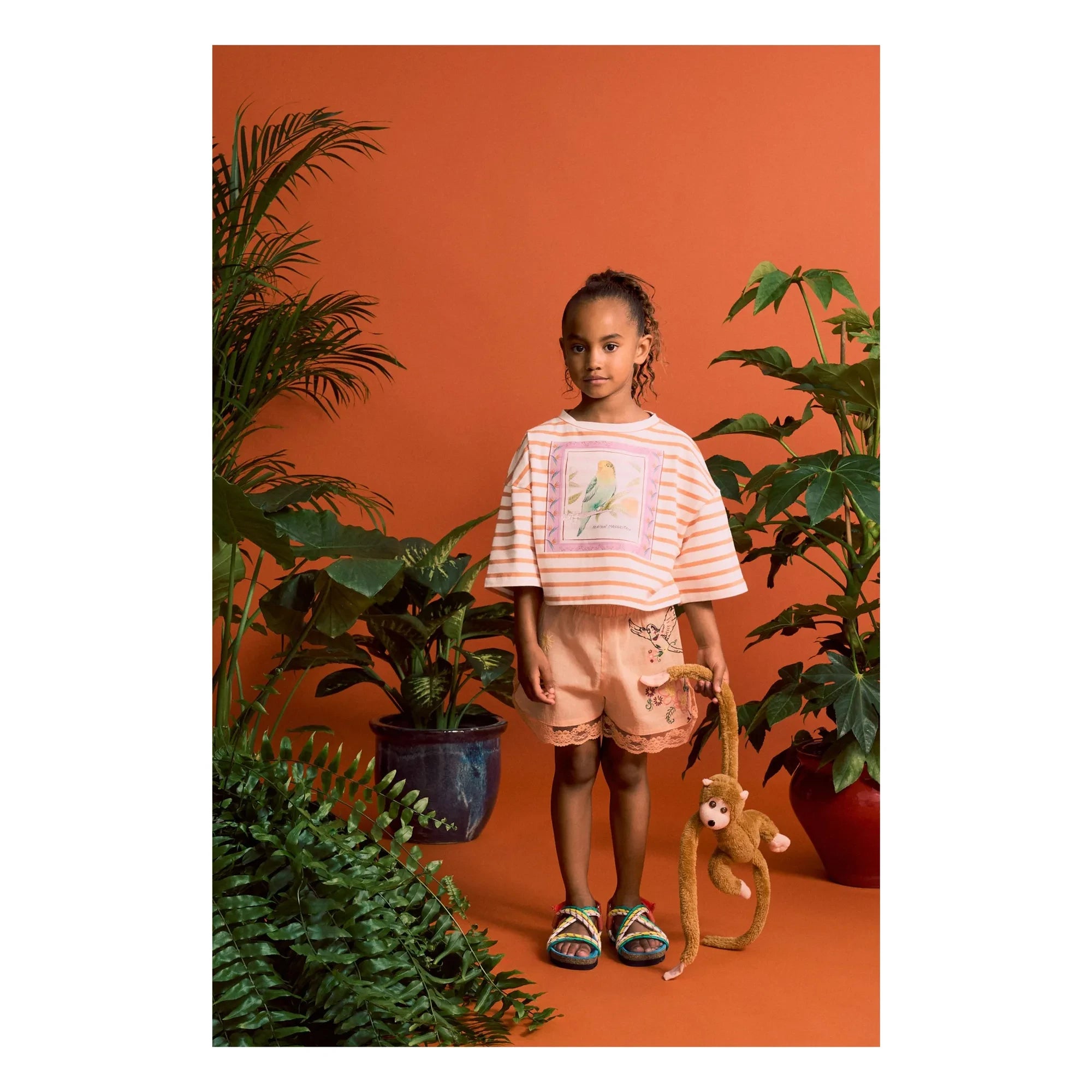 Maison Mangostan – Shorts mit Vogelstickerei | Orange