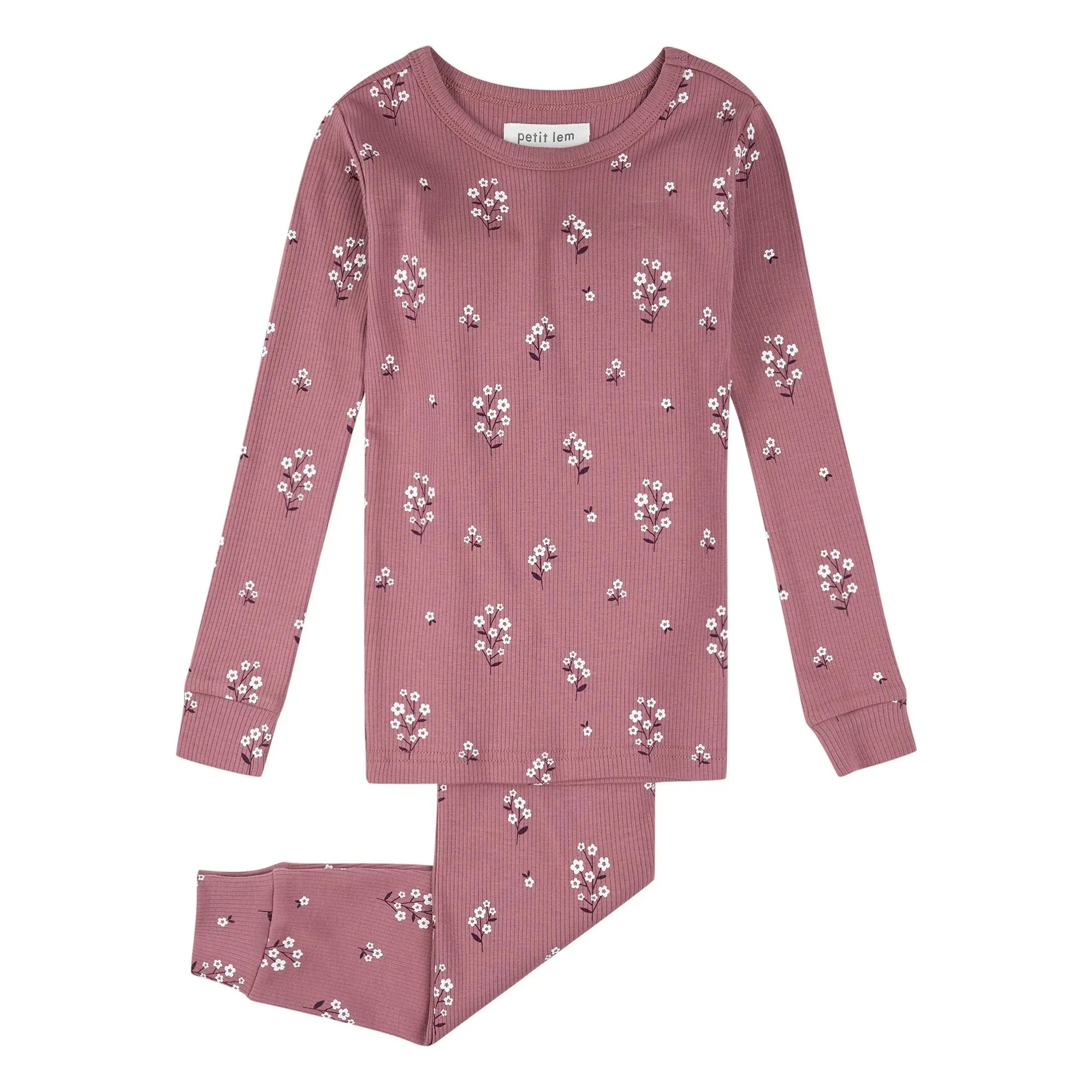 Petit Lem – Gerippter Pyjama aus Bio-Baumwolle mit Blumenmuster | Altrosa