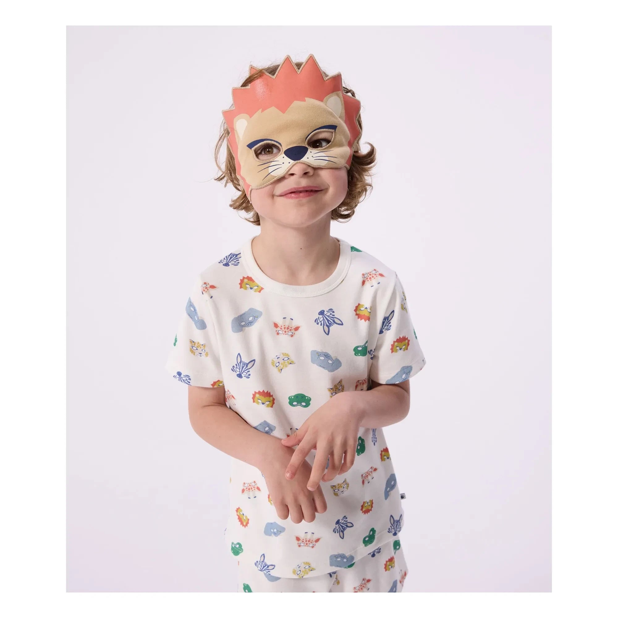Petit Bateau – Schlafanzug aus Bio-Baumwolle mit Löwenmaske, kurze Form | Weiß
