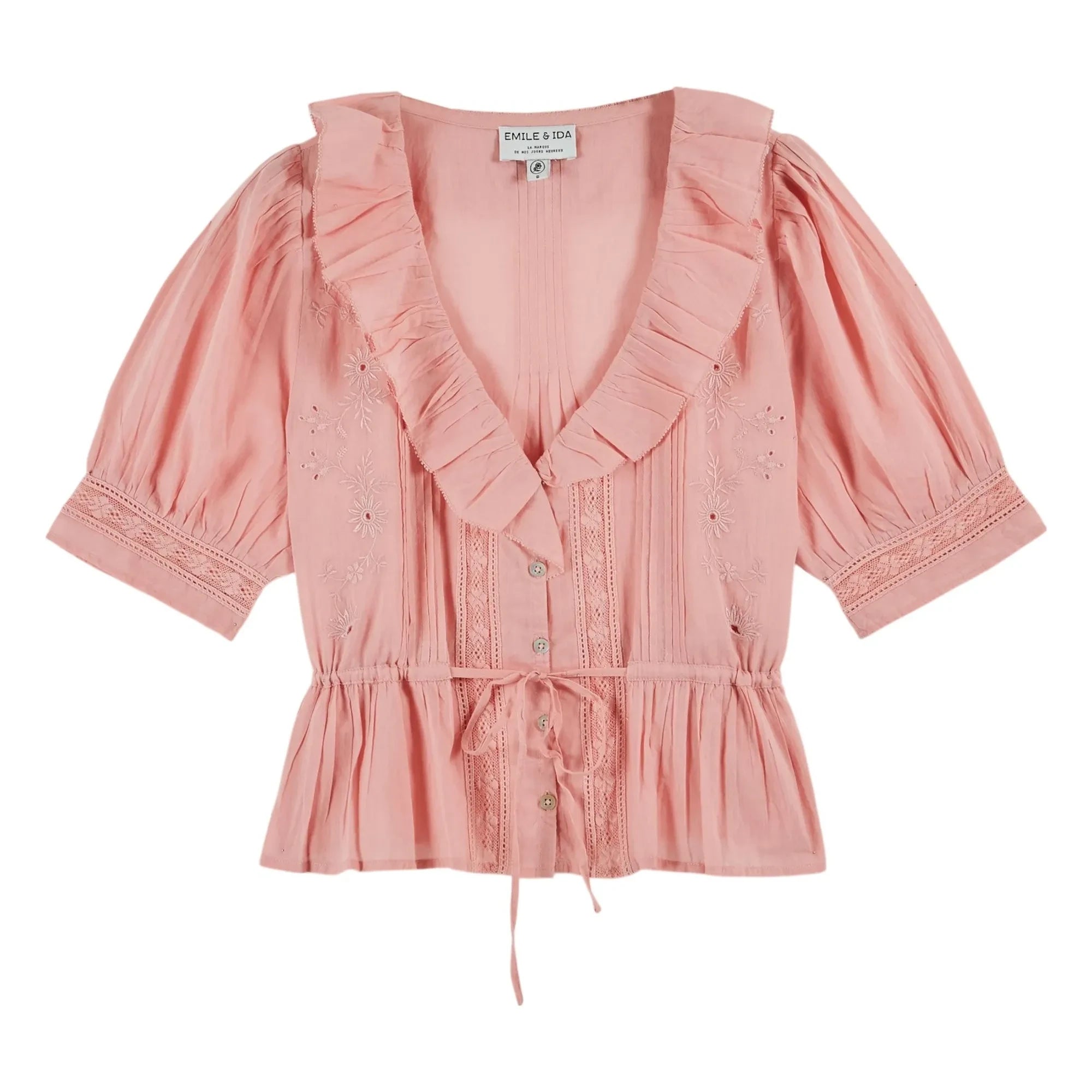 Emile et Ida – Rüschenbluse aus bestickter Baumwolle | Rosa