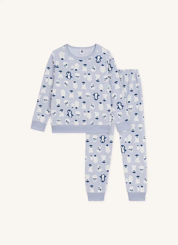 Petit Bateau - Samt-Pyjama aus Bio-Baumwolle mit Schneemann | Grau-Blau