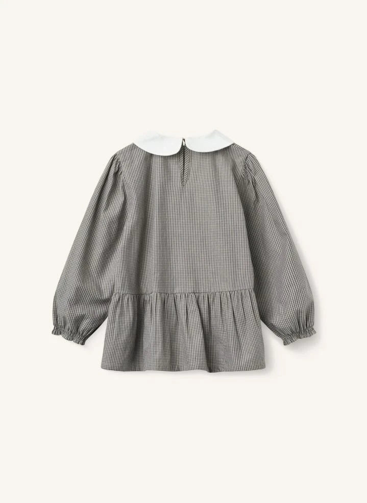 Copenhagen Colors - Bestickte Bluse mit Peter-Pan-Kragen, kariert, aus Bio-Baumwolle | Grau