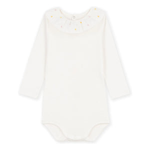 Petit Bateau - Organik Pamuk İşlemeli Yaka Body | Beyaz