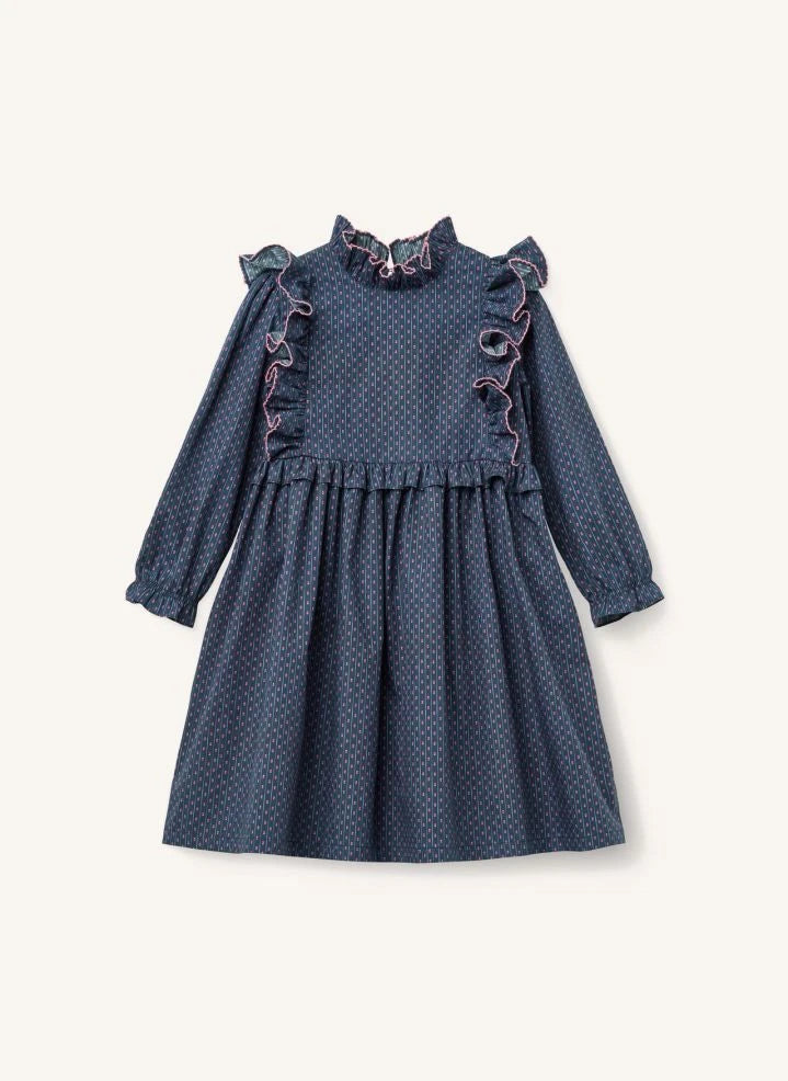 Copenhagen Colors - Volantkleid mit Blumenmuster aus Bio-Baumwolle | Dunkelblau
