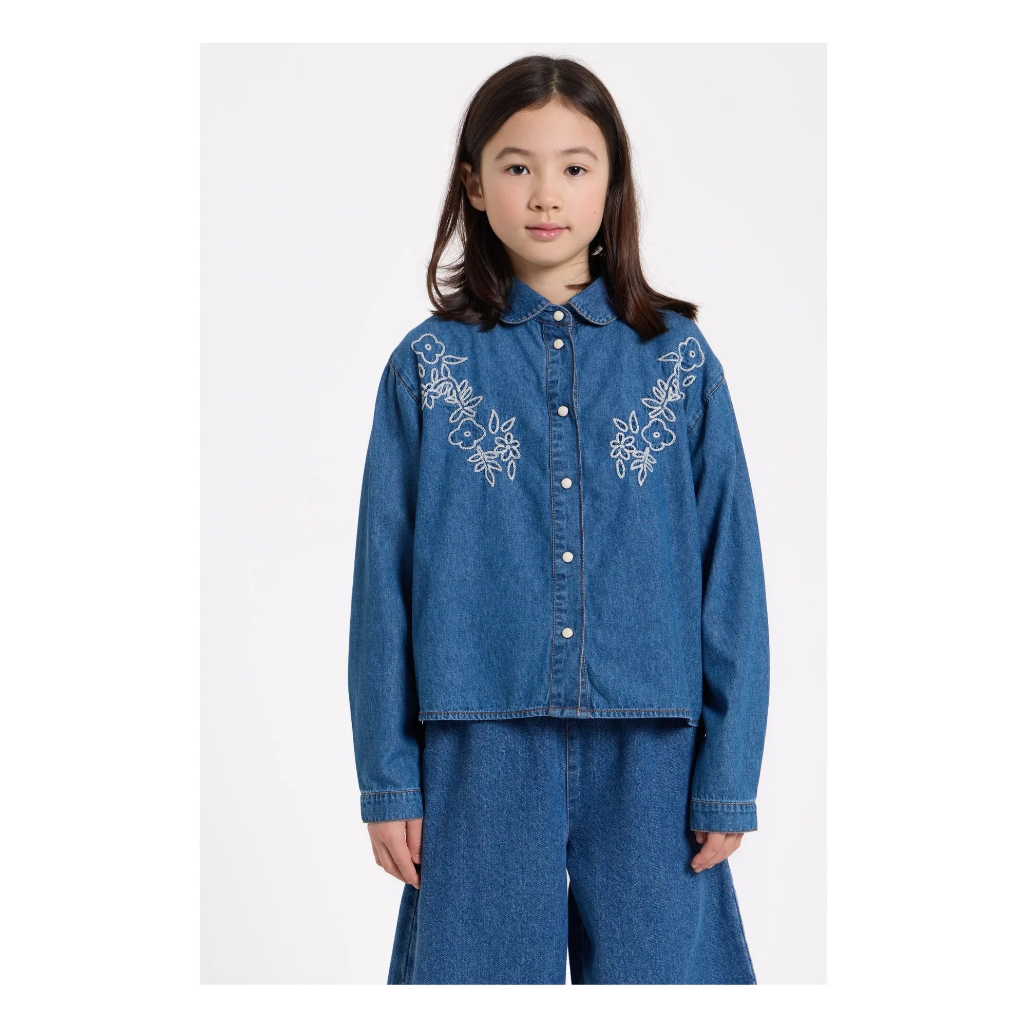 Hundred Pieces - Clara Besticktes Kurzarmhemd | Denimblau