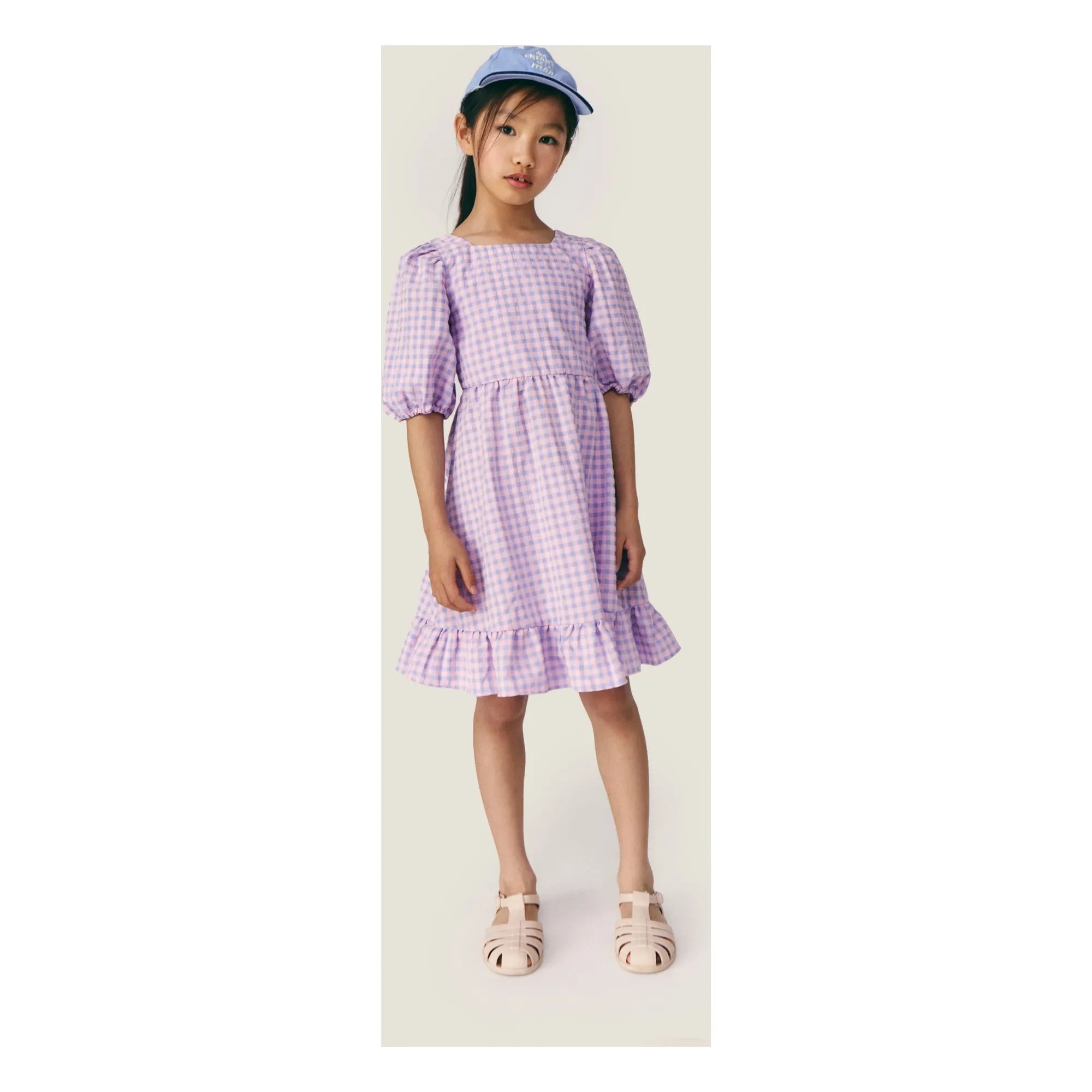 Mipounet - Olie Kariertes Kurzarmkleid mit Raffung | Lila