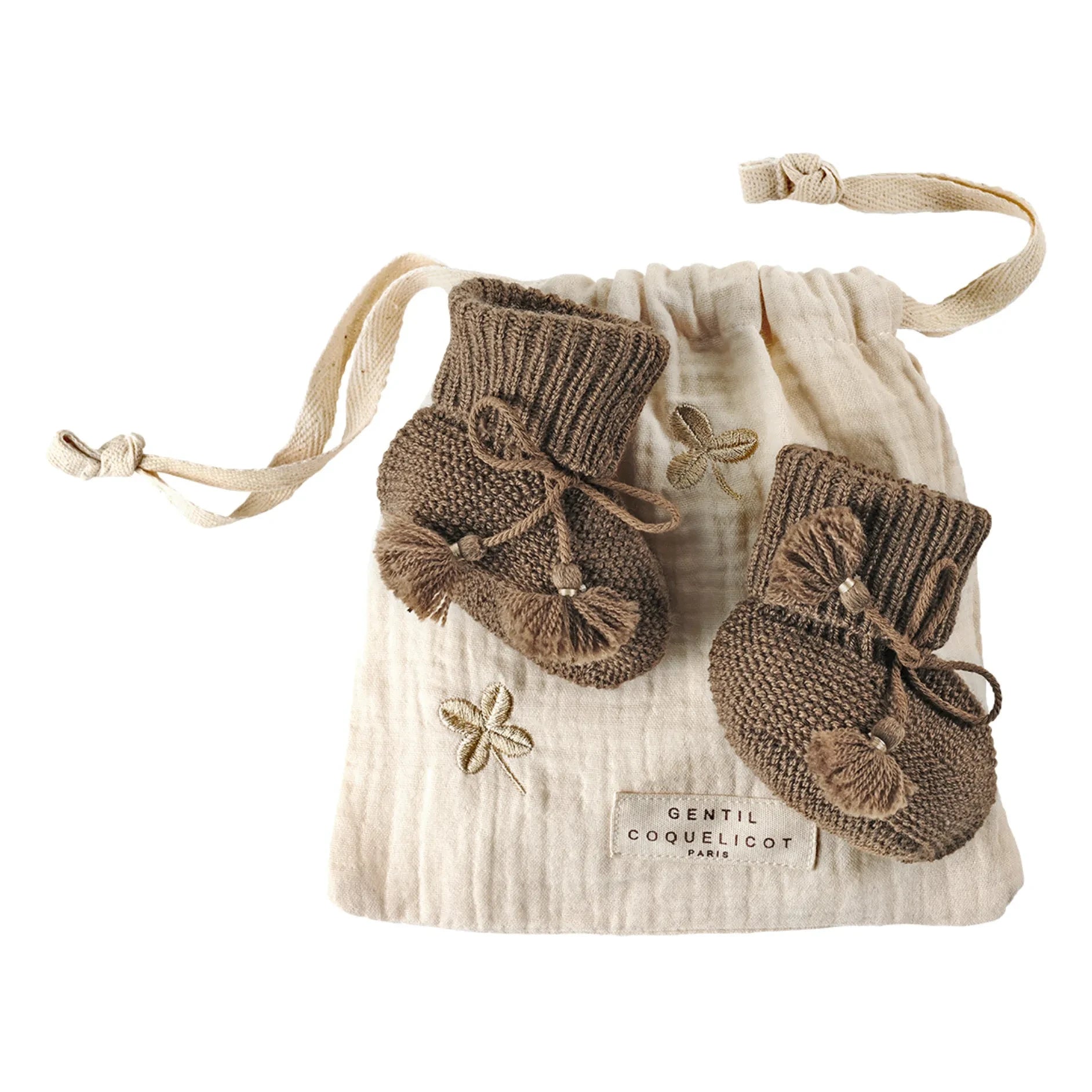 Gentil Coquelicot - Gestrickte Babyschuhe und bestickter Beutel | Schokoladenbraun