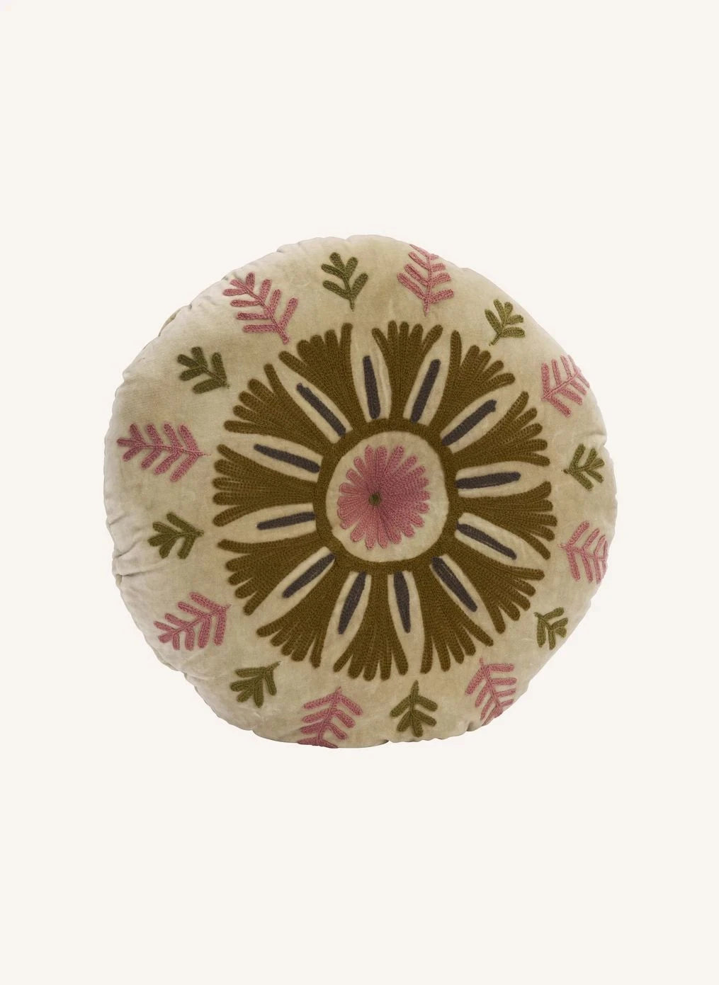 Madam Stoltz - Suzani besticktes runde Samtkissen | Beige