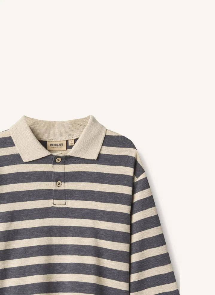 Wheat - Fred gestreiftes Bio-Baumwoll-Polohemd | Grau Blau