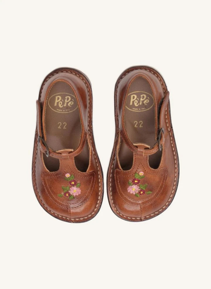 Pèpè - Babyschuhe mit Blumenstickerei | Braun