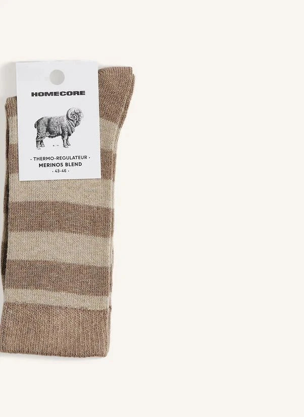 Homecore - Gestreifte Merinowolle Socken | Dunkelbeige