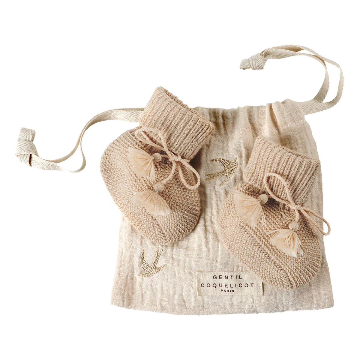 Gentil Coquelicot - Gestrickte Babyschuhe und Bestickter Beutel | Beige