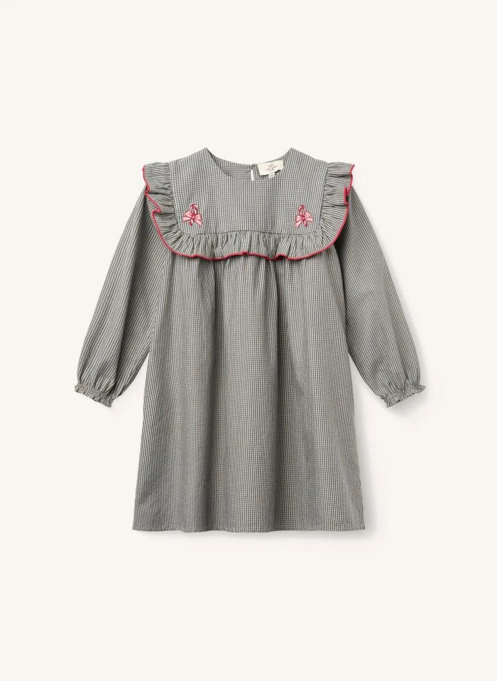 Copenhagen Colors - Kariertes Rüschenkleid mit Stickerei aus Bio-Baumwolle | Grau