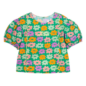 Jelly Mallow – Grün geblümte Seersucker-Bluse