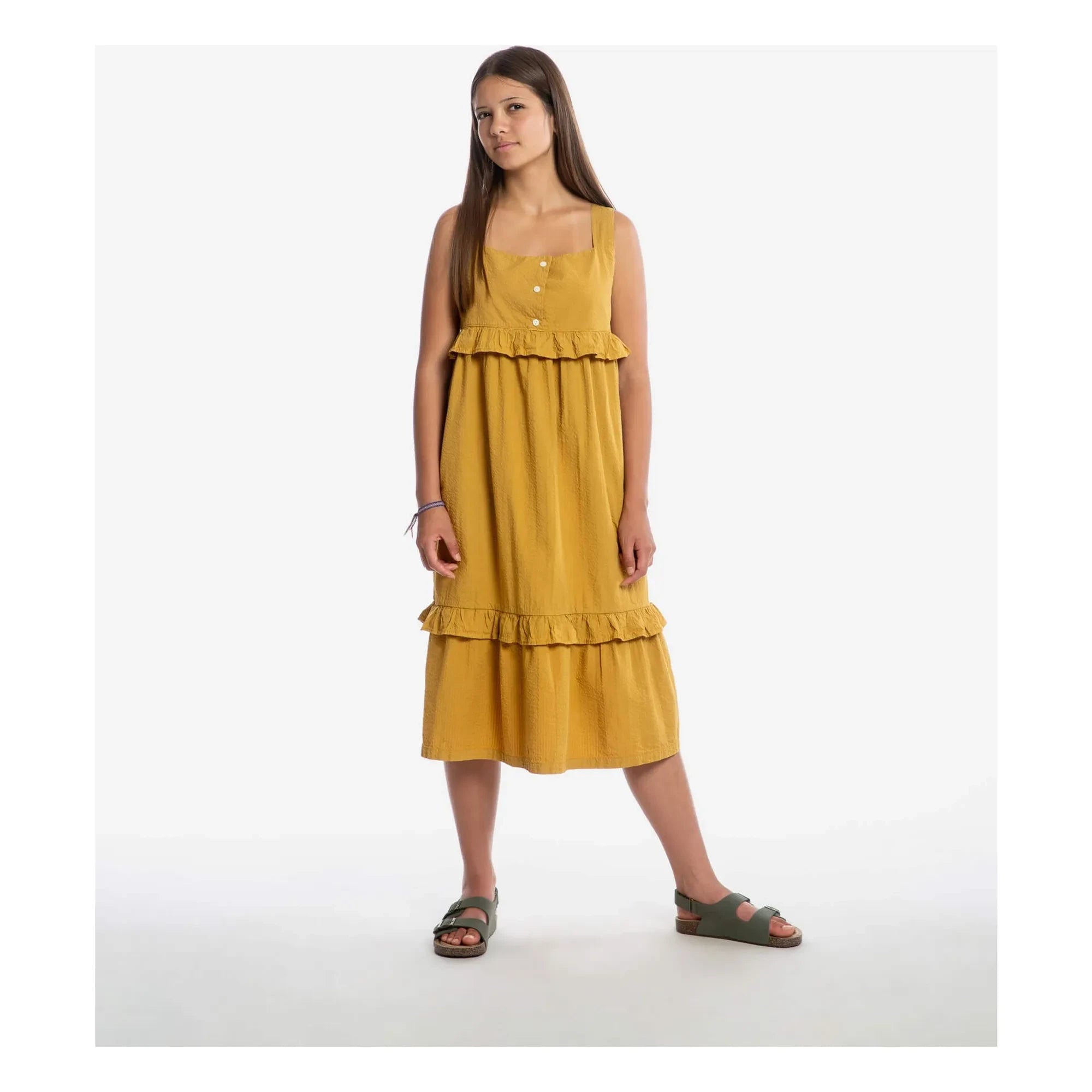 Matona – Midikleid mit Rüschen aus Bio-Baumwolle | Senf