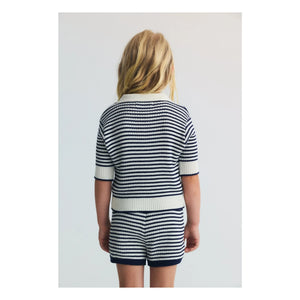 the new society - Gestreiftes Strick-Polo-Shirt | Dunkelblau