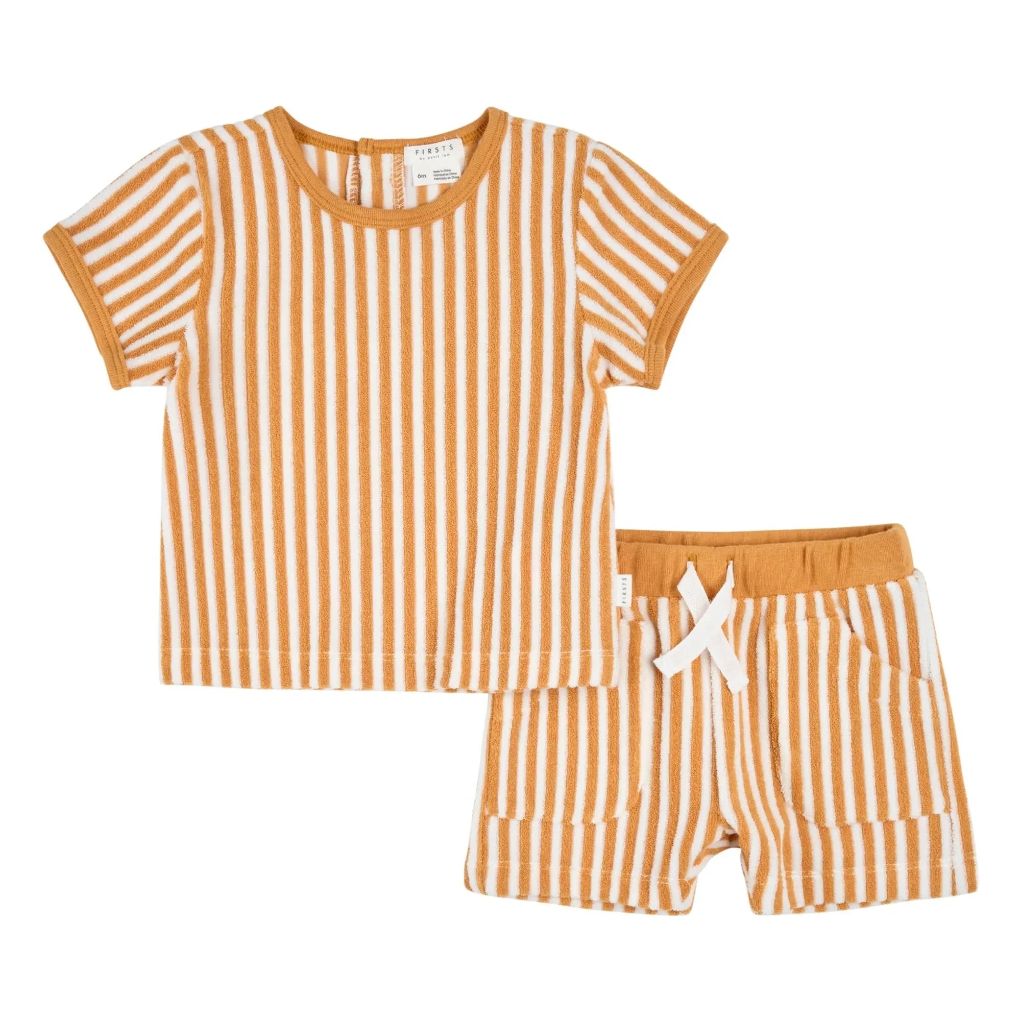Petit Lem - Gestreiftes T-Shirt und Shorts-Set aus Bio-Baumwolle | Camel
