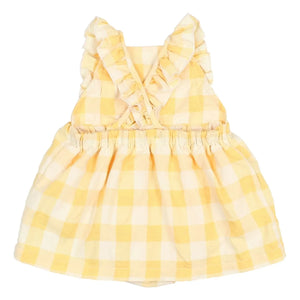 Búho - Vichy-Rüschen-Seersucker-Organik-Baumwoll-Overall-Kleid | Gelb