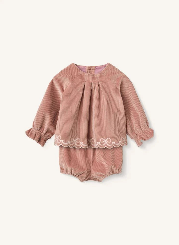 Copenhagen Colors - Bestickte Bluse und Ripp-Cord-Organische Baumwolle Bloomer Set | Staubrosa