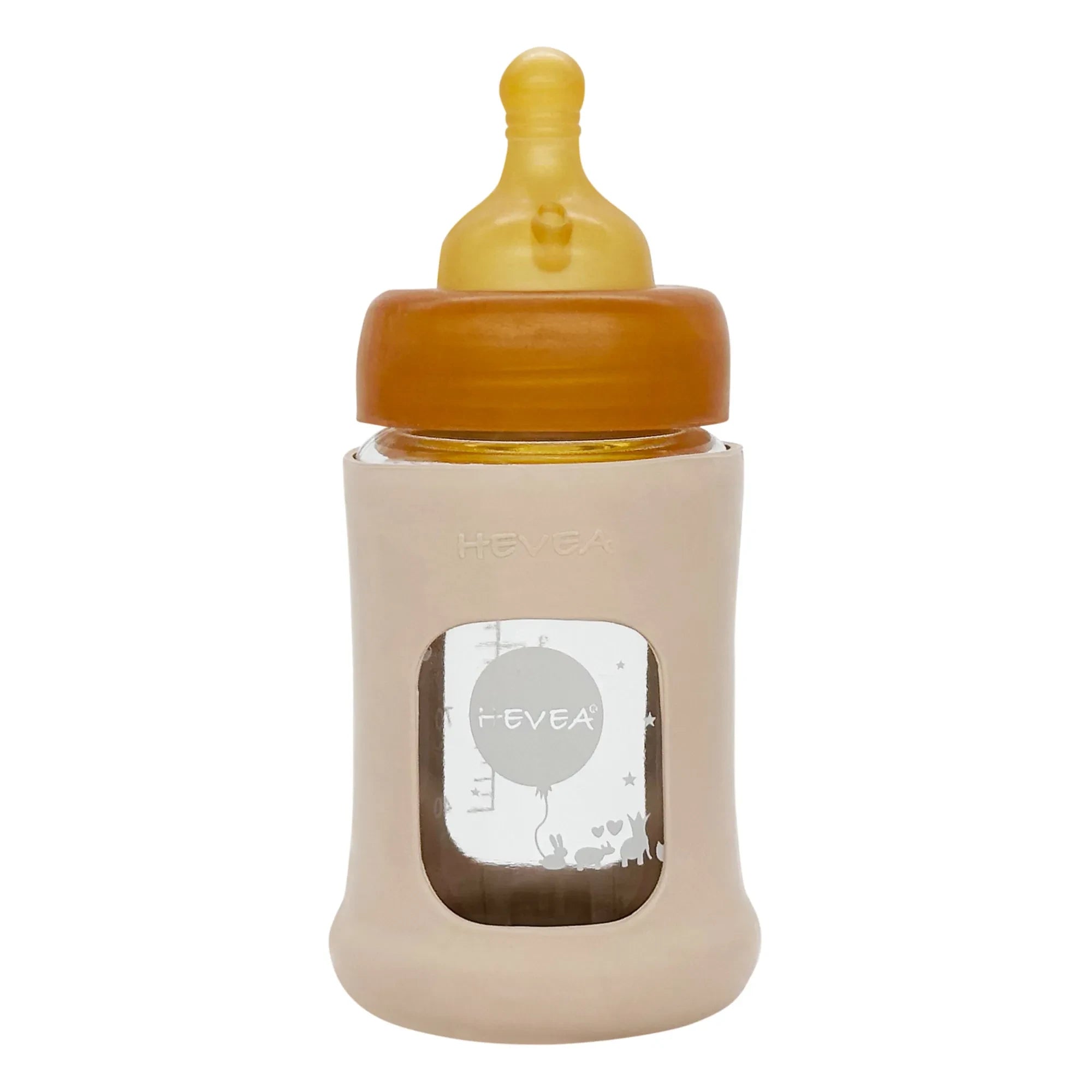 Hevea - Weithals-Babyflasche aus Glas mit langsamen Fluss und Schutzhülle | Sand