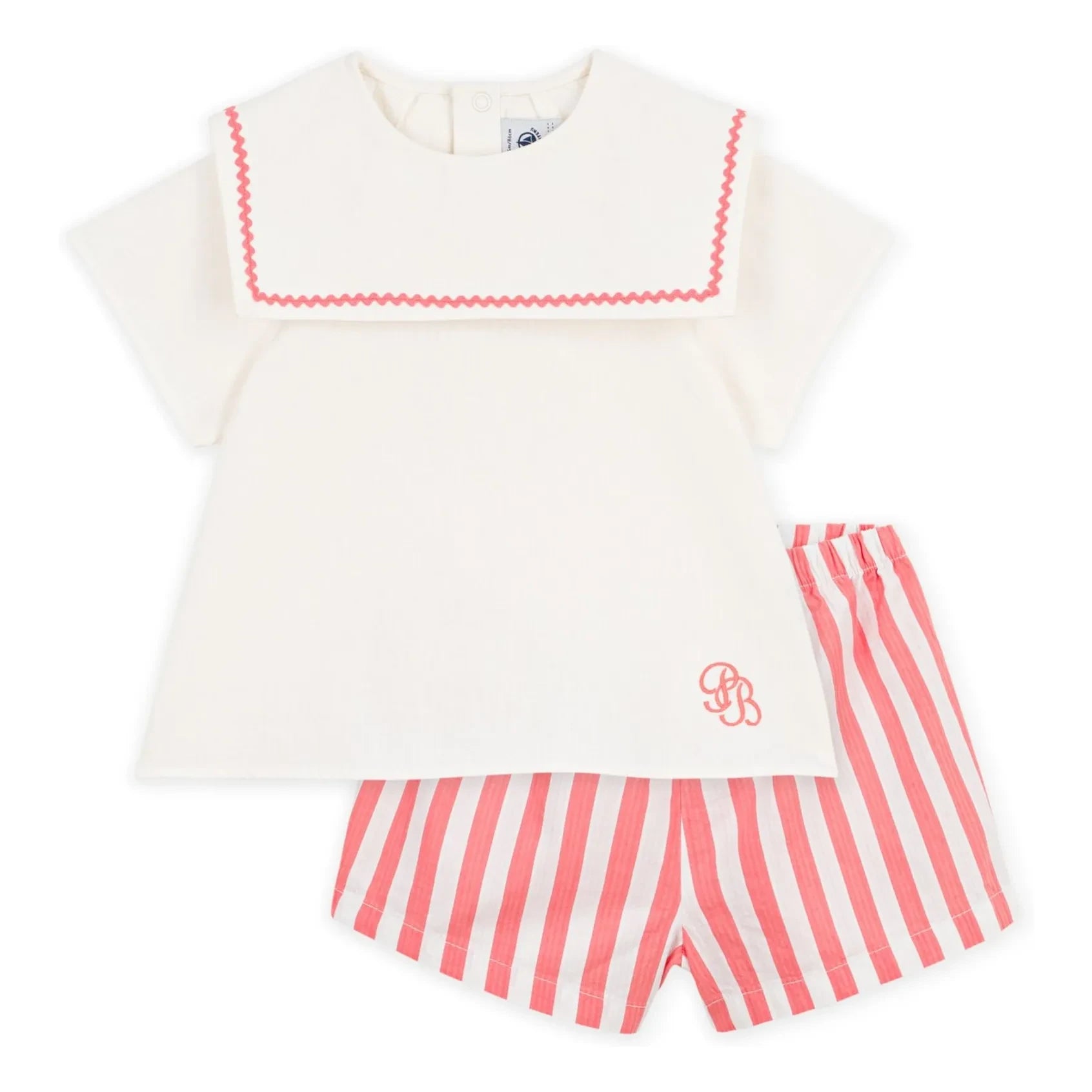 Petit Bateau - Leinen Pyjamashorts mit Dunkelblauem Kragen | Koralle
