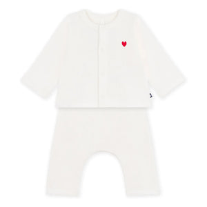 Petit Bateau - Organik Pamuk Petek Desenli Hırka ve Pantolon Seti | Beyaz