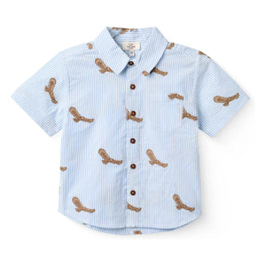 Copenhagen Colors - Gestreiftes Seersucker-Organik-Baumwollhemd mit Adlerstickerei | Hellblau
