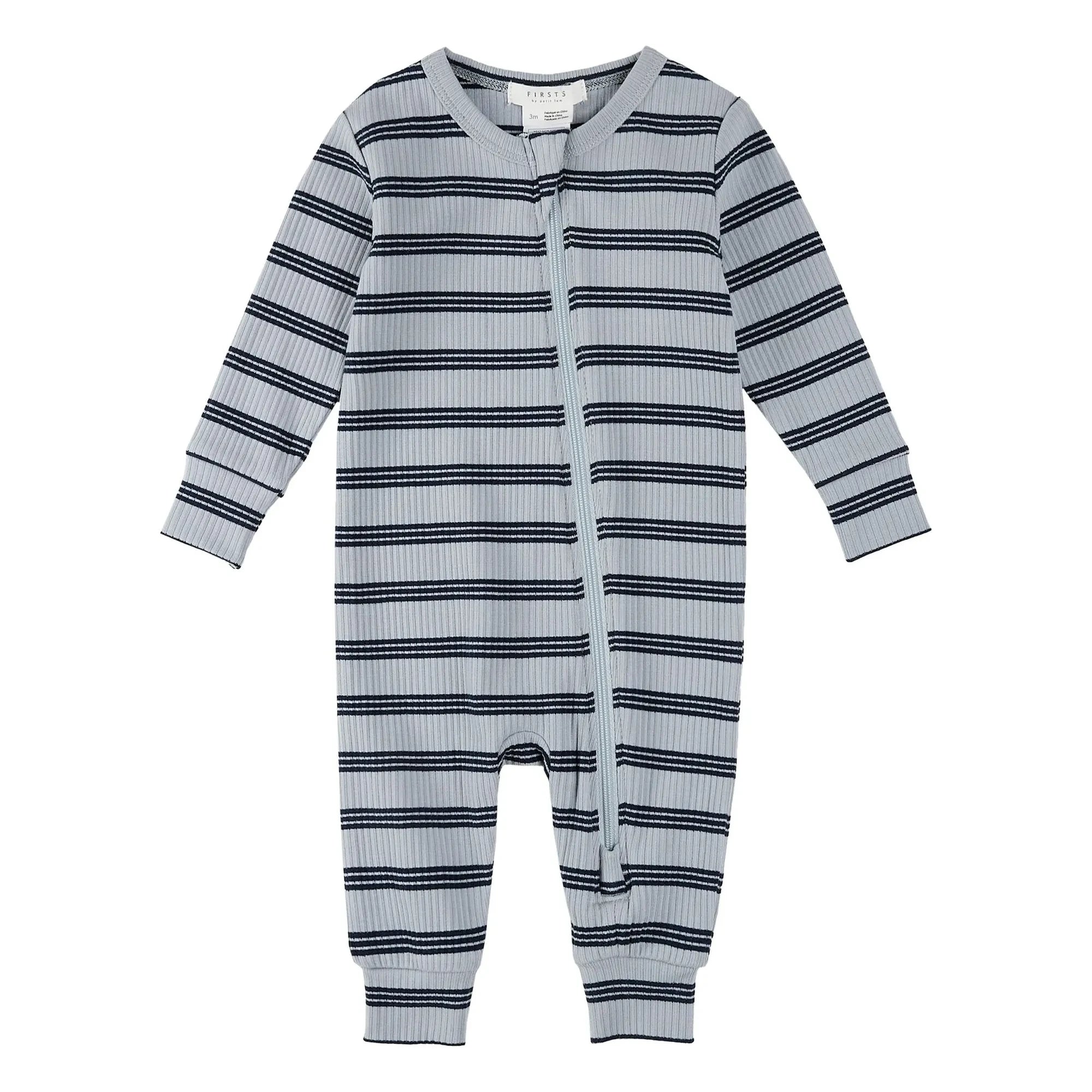 Petit Lem - Gestreifter Rippstrick Bio-Baumwoll-Pyjama | Blau