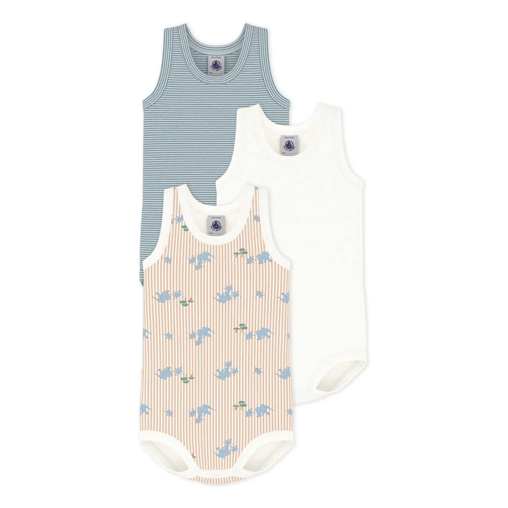 Petit Bateau - 3er-Set Bodys aus Bio-Baumwolle mit Elefantenmuster | Weiß