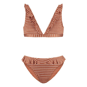 Beachlife - 2-teiliger gestreifter Volant-Badeanzug aus recycelten Fasern | Karamell