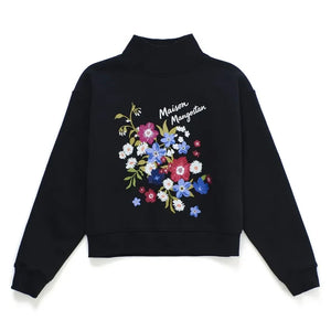 Maison Mangostan - Blumenmuster Rollkragen Sweatshirt | Schwarz