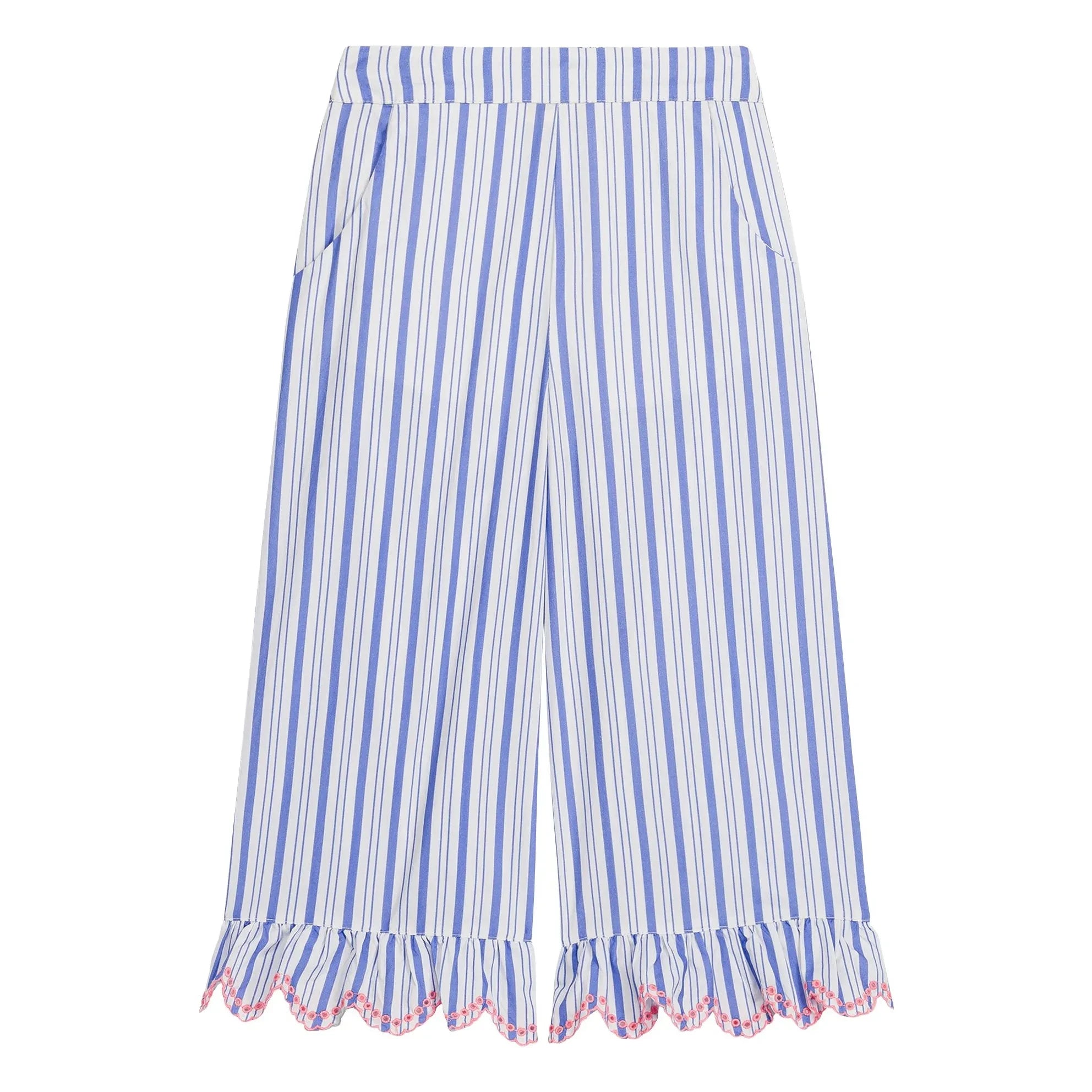 Louise Misha - Gestreifte Popeline Bio-Baumwoll-Loukini-Hose mit Rüschen | Blau