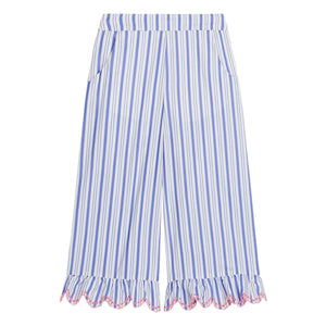 Louise Misha - Gestreifte Popeline Bio-Baumwoll-Loukini-Hose mit Rüschen | Blau