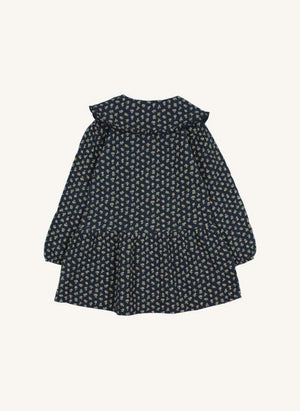 Búho - Organische Baumwolle Blüten Cottage Claudine Kragen Kleid | Marineblau