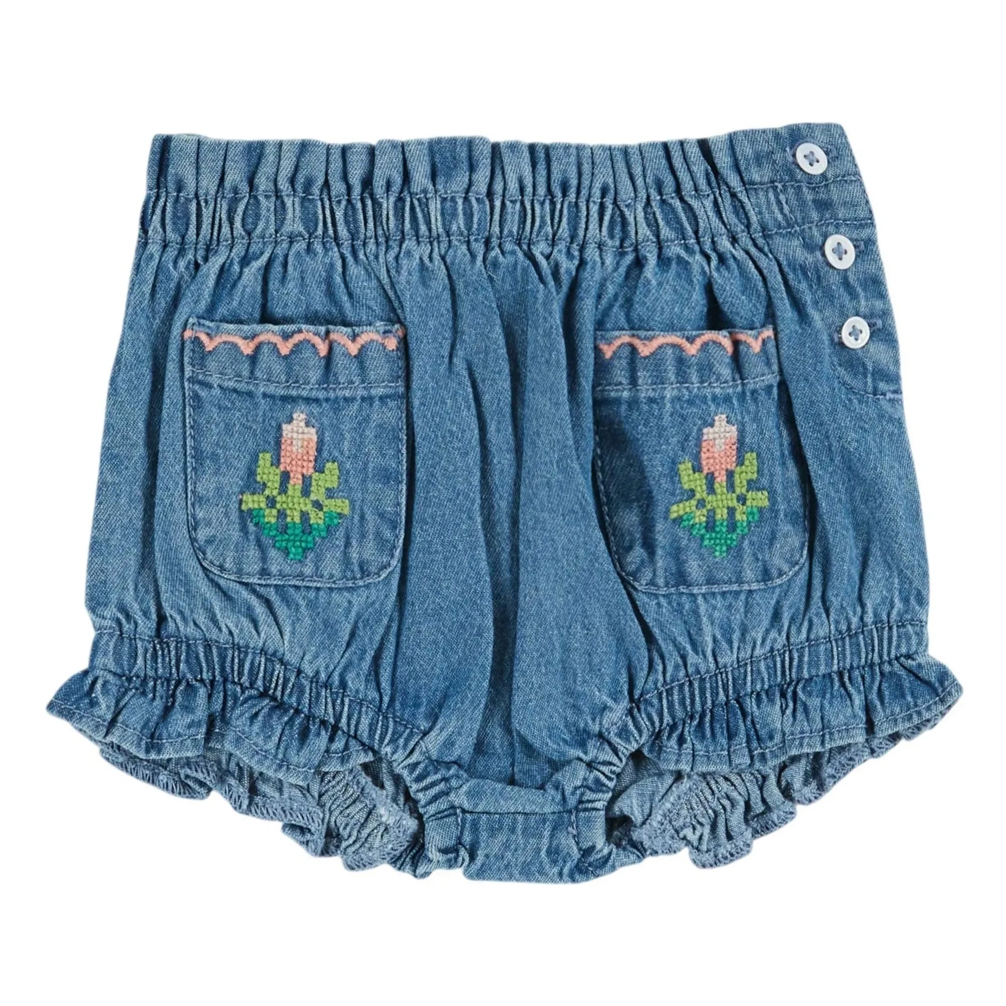 Emile et Ida – Denim-Bloomer mit Blumendruck und Taschen | Blau