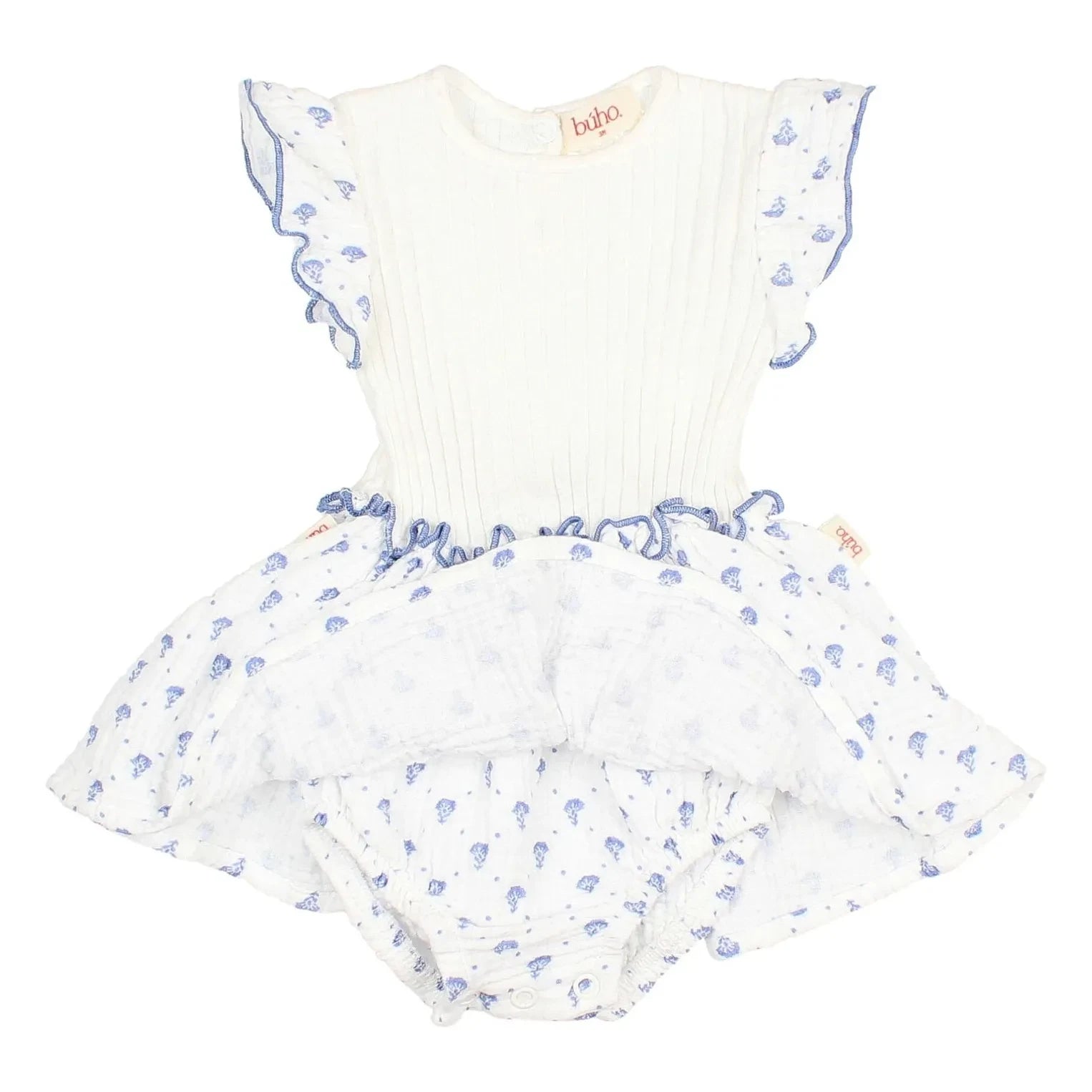 Búho - Bali Blumenmuster Bio-Baumwoll Strampler-Kleid | Indigo Blau
