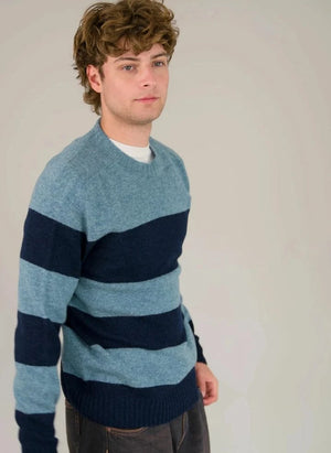 Origin Knitwear - Gestreifter, nahtloser Wollpullover | Blau
