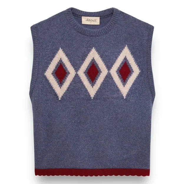 birinit - Ärmelloser Argyle-Pullover aus Merinowolle | Blau