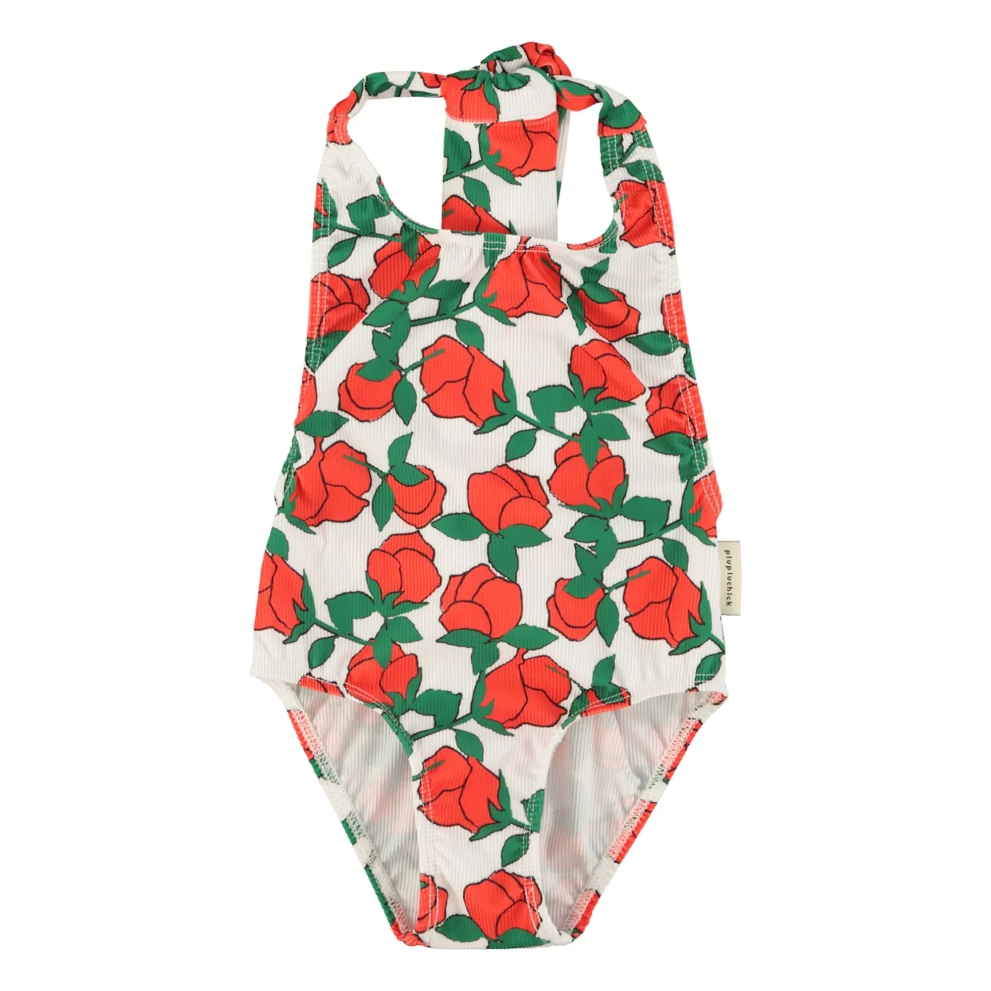 Piupiuchick - Texturiertes Neckholder-Badeanzug mit Rosen aus recycelten Fasern | Ecru