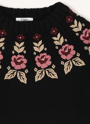 Chloé - Pullover aus Bio-Baumwolle mit Blumenstickerei | Schwarz