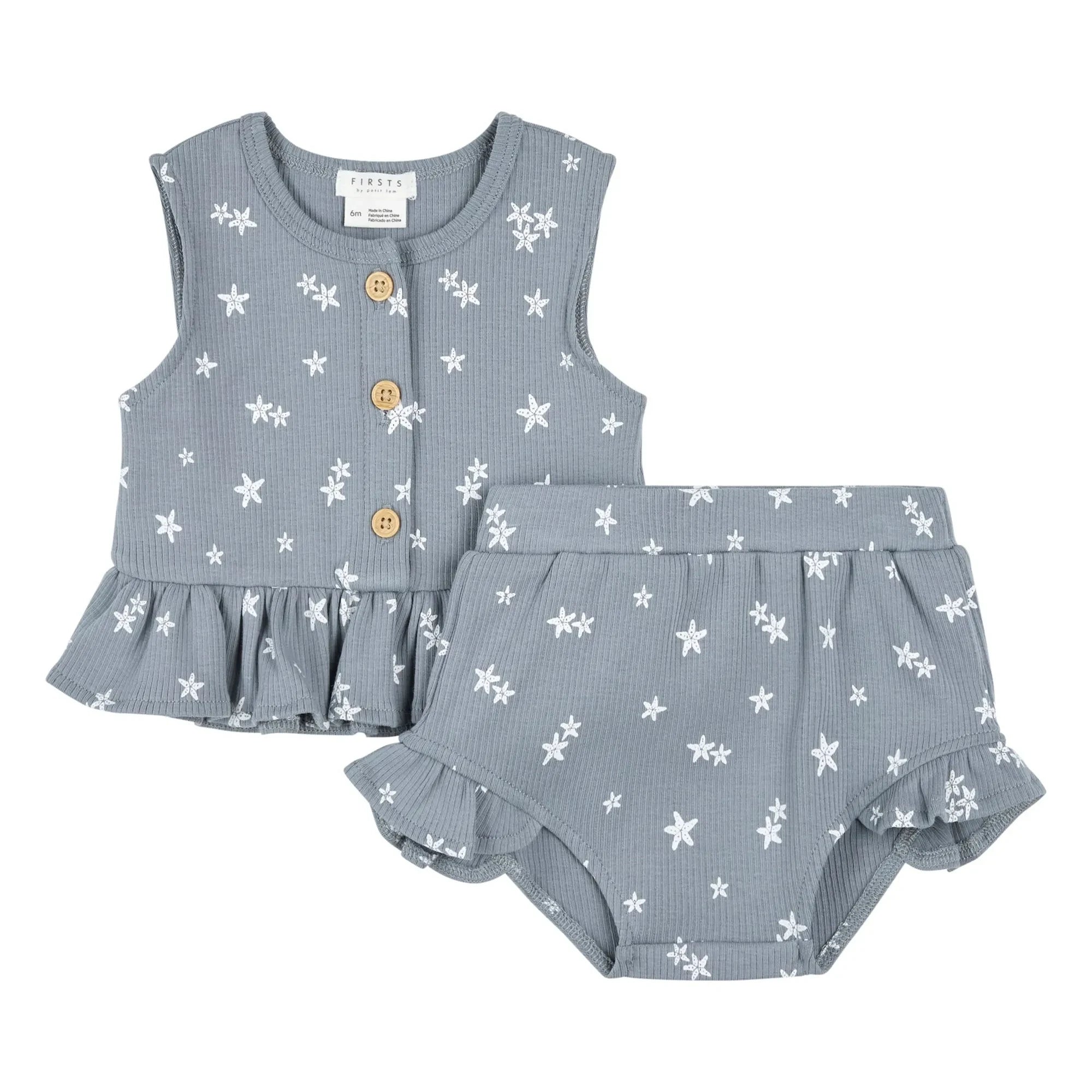 Petit Lem - Etoiles de Mer Set aus Oberteil und Shorts aus Bio-Baumwolle mit Prägung | Graublau