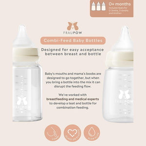 Fraupow Combi-Feed Glass Baby Bottles | Pack of 3-Baby Bottles-180ml- | Natural Baby Shower