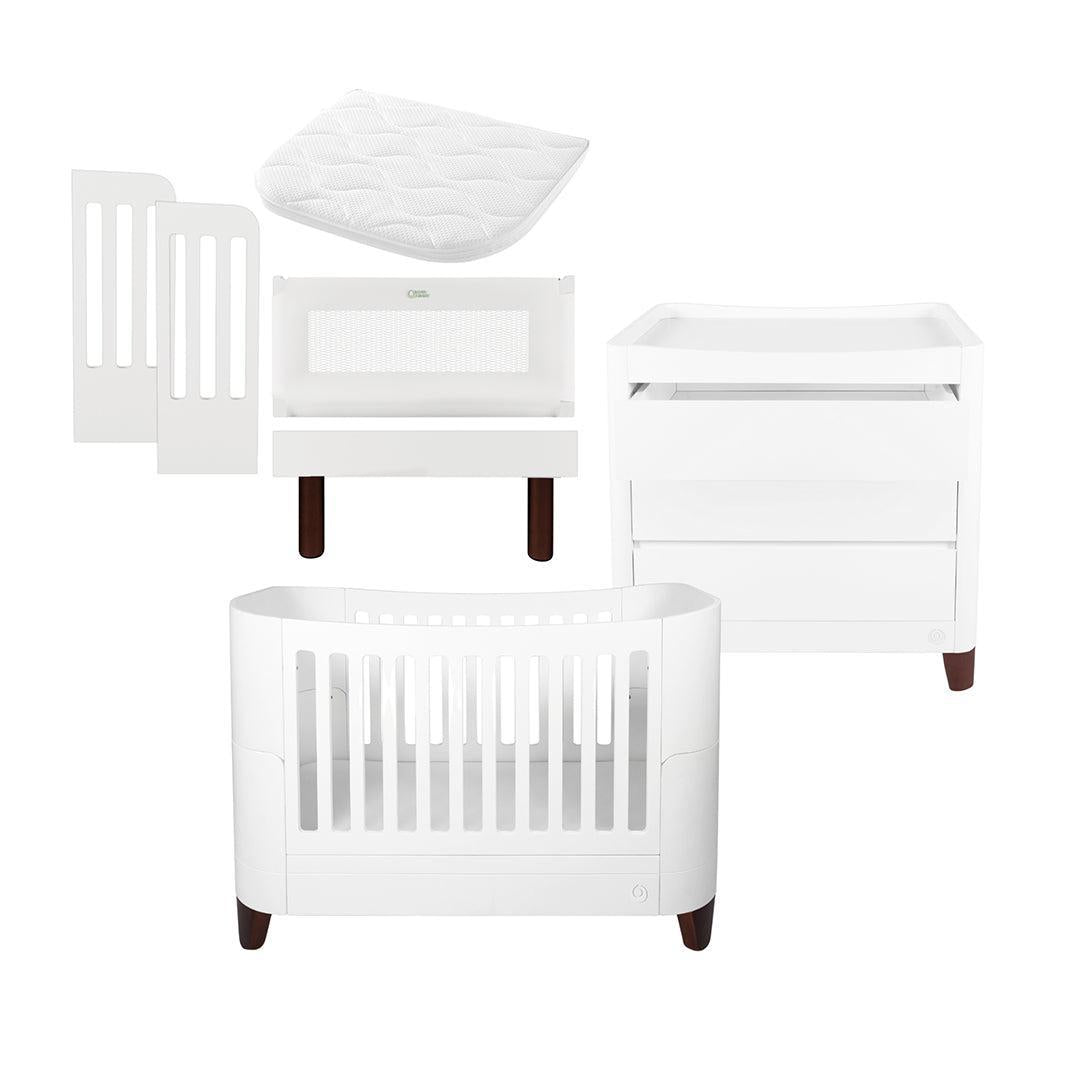 Gaia Baby Serena Cot Bed + Bedside Crib Set (Incl Bedside mattress), Cot Bed and Dresser - White / Walnut-Nursery Sets-White / Walnut-Without Mattress | Natural Baby Shower