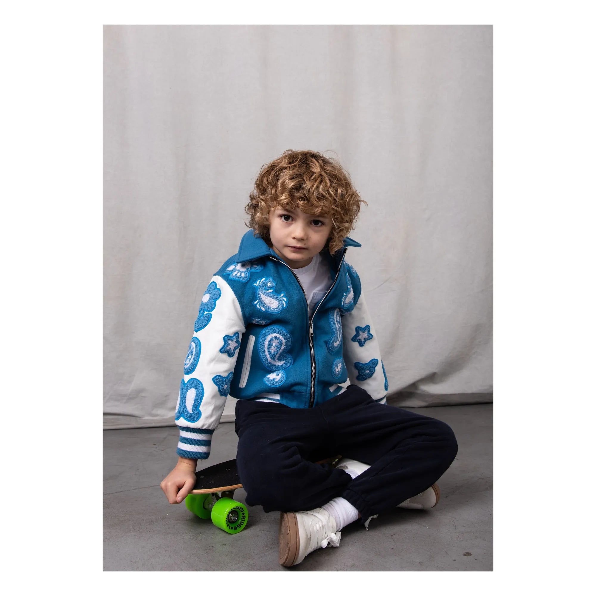 Fille Garçon - Paisley-Bomberjacke aus Wolle und Leder | Blau