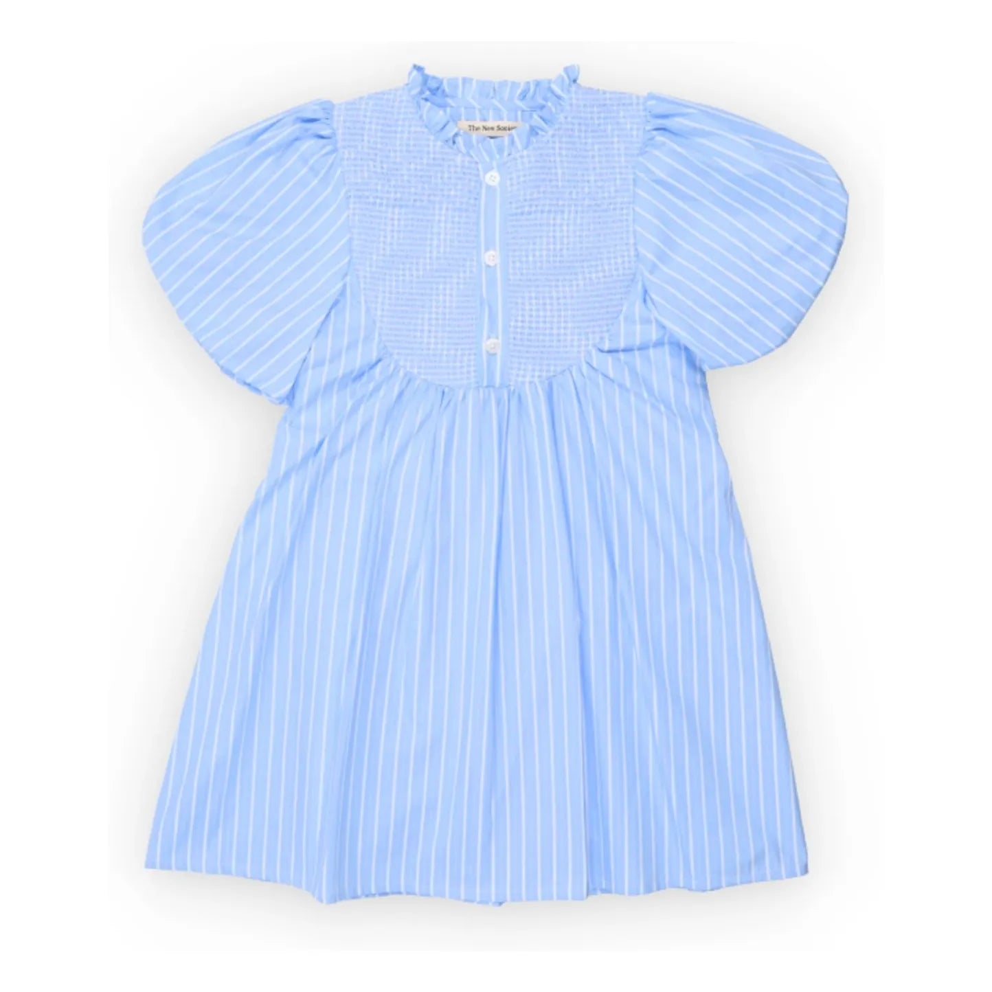 the new society - Gestreiftes Ficus Kleid mit Puffärmeln | Hellblau